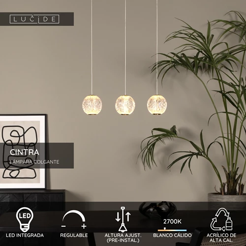 Lucide CINTRA - Lámpara colgante - LED Regul. - 3x4,7W 2700K - Transparente - USP